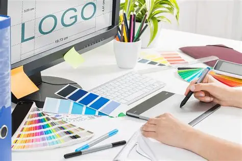 Professional logo design process sketches and digital, Brand identity design workspace with color palettes