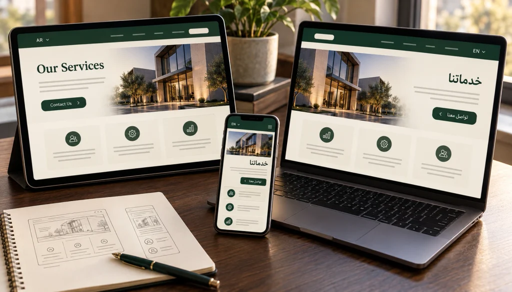 موقع شركة بالعربية والإنجليزية مع مراعاة اتجاه القراءة وتوافق التصميم مع الجوال.