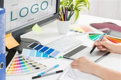 Professional logo design process sketches and digital, Brand identity design workspace with color palettes